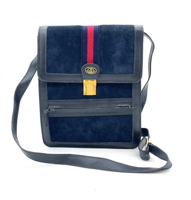 Gucci Vintage Sherry Line Suede x Leather Navy Shoulder Bag