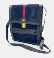Gucci Vintage Sherry Line Suede x Leather Navy Shoulder Bag