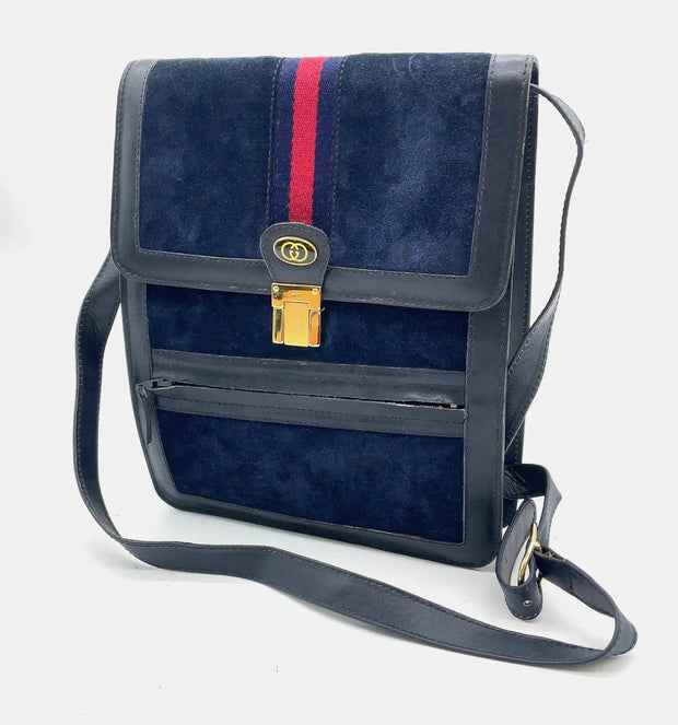 Gucci Vintage Sherry Line Suede x Leather Navy Shoulder Bag