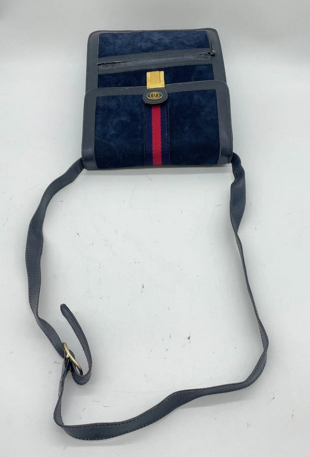 Gucci Vintage Sherry Line Suede x Leather Navy Shoulder Bag
